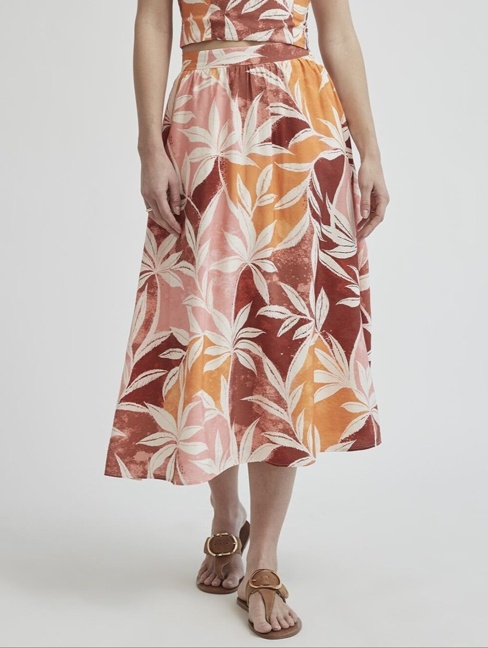 RW&CO. Tropical Palm Print Midi Maxi Skirt with Pockets - Orange Brown Peach